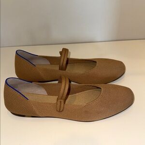 Rothy's Tan Mary Jane Flats with Blue Trim